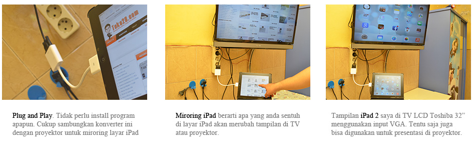 Cara menyambungkan iPad ke proyektor dengan kabel konverter 30 pin to VGA