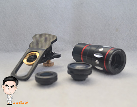 Paket lensa HP 4 in 1, terdiri dari Tele 10x, wide 0,57x, fisheye dan macro